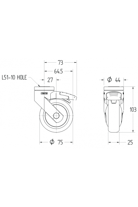 Drejeligt hjul med totalbremse 75 mm (Levina Light) Grå, 5225PJP075L51-10 af JB Medico